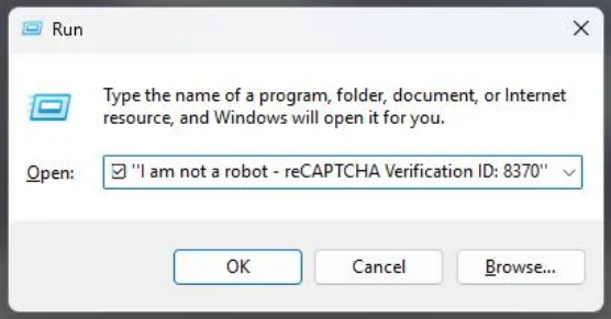 Windows run dialog box with fake CAPTCHA verification