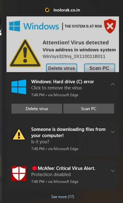 Fake critical virus notifications displayed on Windows