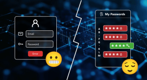 A failed login form with a stressed face transitioning to a password manager with a relieved face