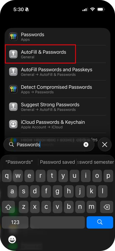 Screenshot of iOS settings app with the text "Passwords" entered into the search field. The result "Autofill & Passwords" is selected.
