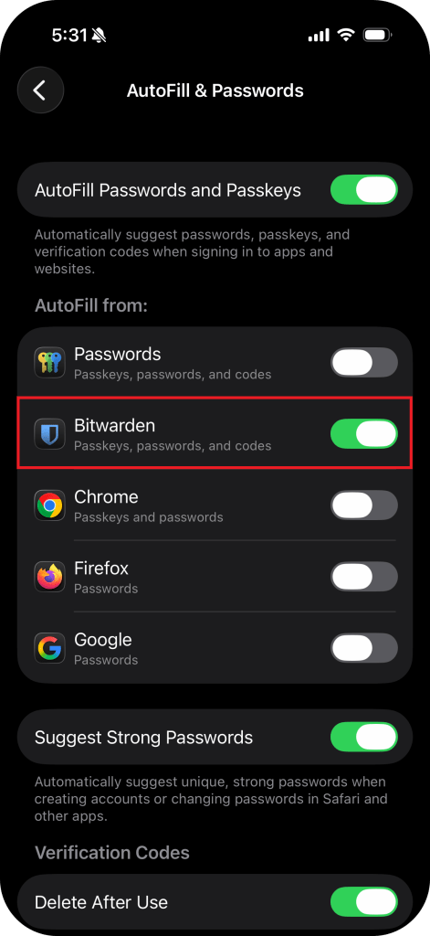 Screenshot of the iOS Autofill & Passwords settings screen. The Passwords option is disabled, and Bitwarden is enabled. Other providers are also disabled.
