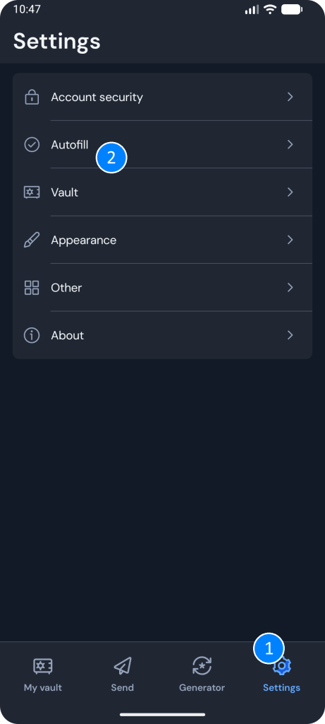 A screenshot of the Bitwarden app navigated to the Settings tab, with the Autofill menu item selected.