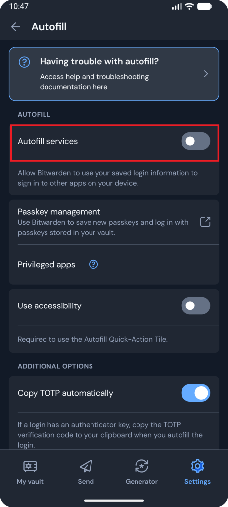 A screenshot of the Bitwarden Autofill settings, with the Autofill services menu item selected.