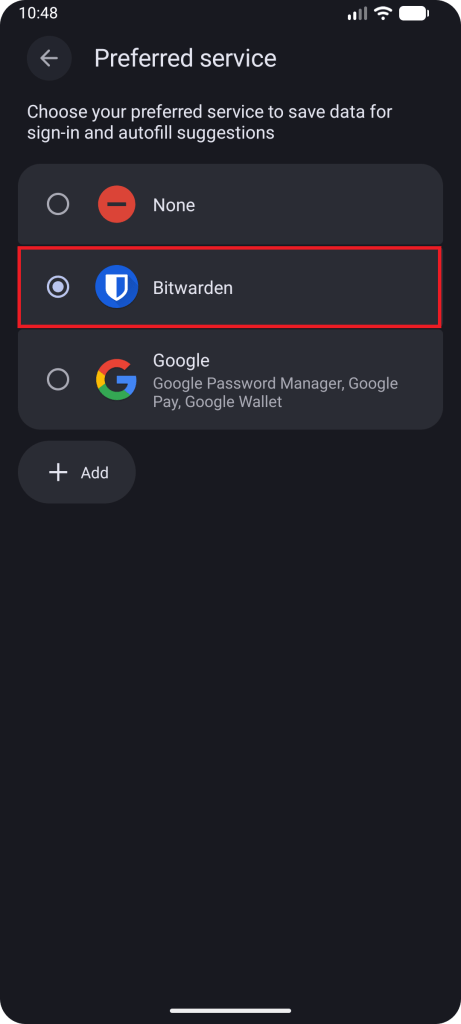 A screenshot of the Google "preferred service" screen, with Bitwarden selected.