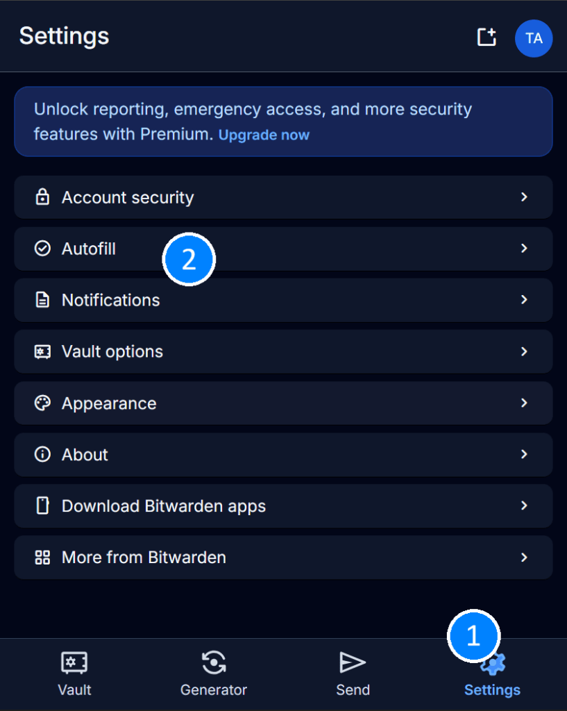 A screenshot of the Bitwarden browser extension navigated to the settings tab, with the Autofill menu item highlighted.