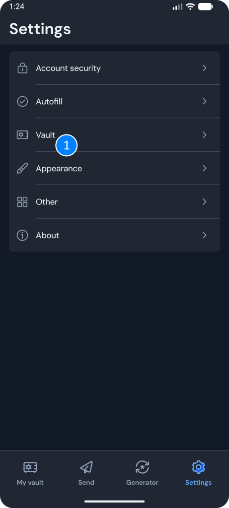 Screenshot of the Bitwarden Android app navigated to the Settings tab, with the Vault menu item highlighted.