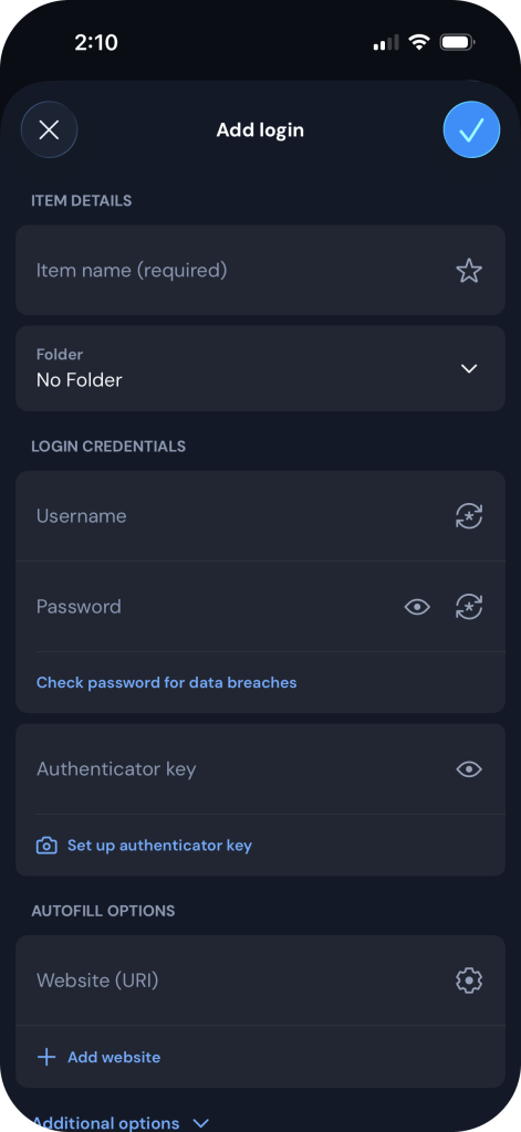 A screenshot showing the Bitwarden "Add new login item" page, with fields for Item name, Username/Email, Password, and Website URI.