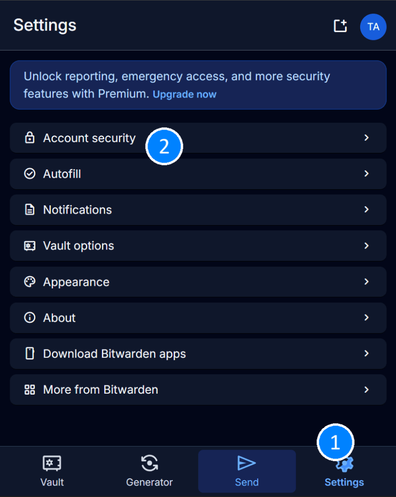 A screenshot of the Bitwarden browser extension navigated to the settings tab, with the Account security menu item highlighted.