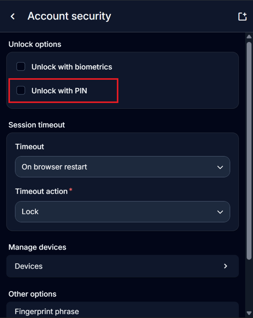 A screenshot of the Bitwarden browser extension on the Account security page, with "Unlock with PIN" selected.
