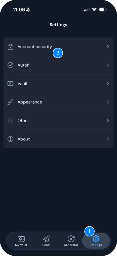 A screenshot of the Bitwarden app navigated to the settings page, with the Account security menu item selected.