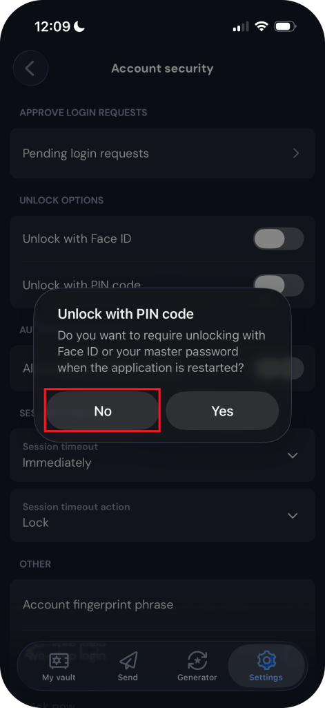 A screenshot of the Bitwarden iOS app with the answer "No" selected when asked to require unlocking with your master password when the application is restarted.