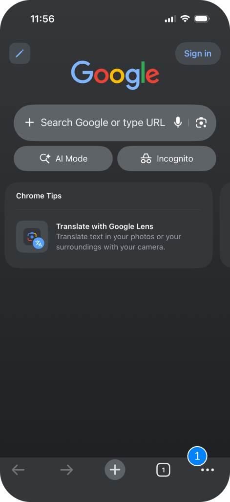 Screenshot of the Google Chrome iOS app with the 3 dots more menu highlighted in the bottom right.