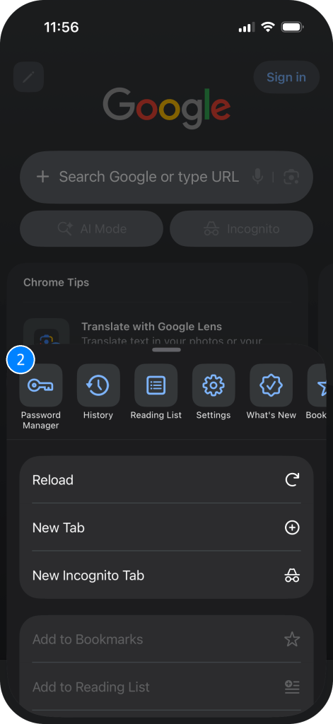 Screenshot of the Google Chrome bottom menu with the Password Manager button highlighted.