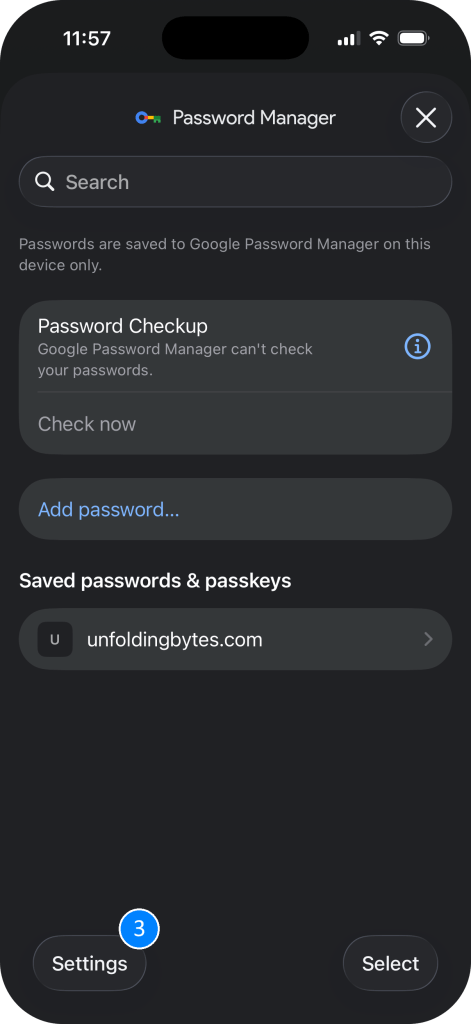 Screenshot of the Google Chrome password manager open with the Settings button highlighted.