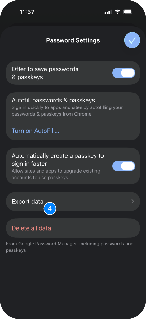 Screenshot of the Google Chrome password manager settings with the Export data option highlighted.