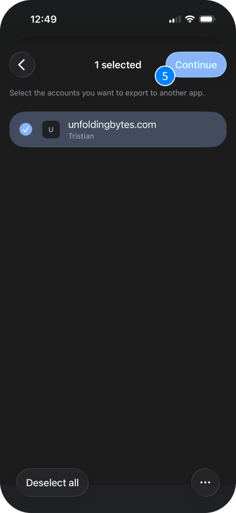 Screenshot of the Google Chrome password export screen with the Continue button highlighted.