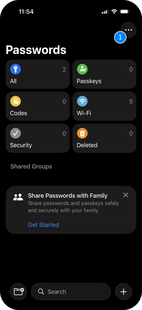 iOS Passwords app with the 3 dots more menu highlighted in the top right.