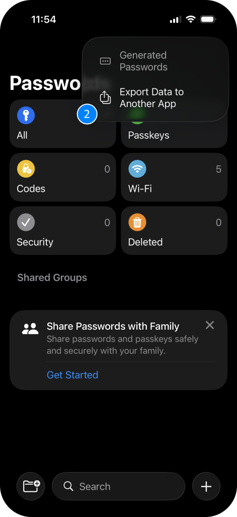 iOS Passwords app with the "Export Data to Another App" menu option highlighted.
