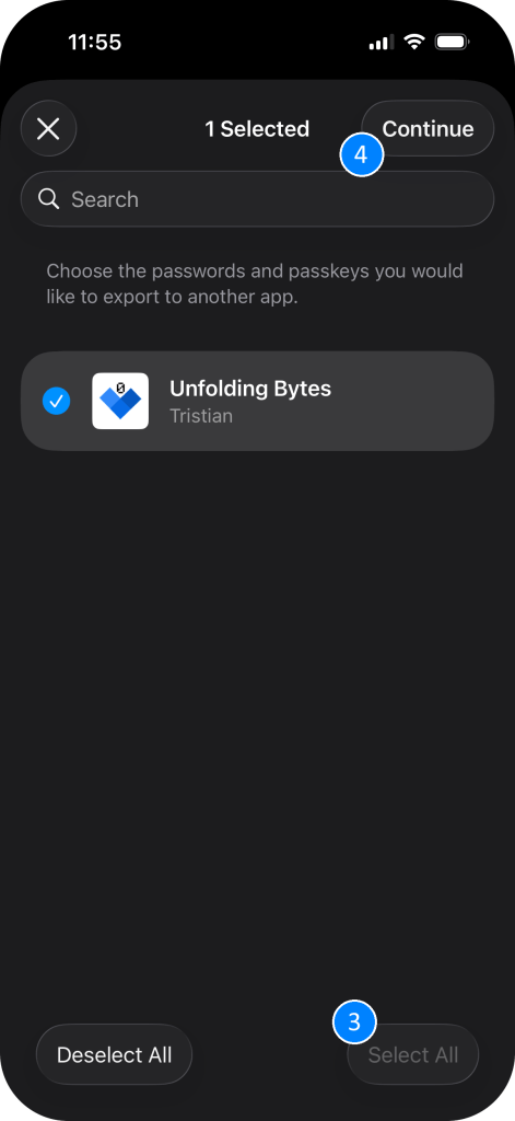 iOS Passwords export screen, showing the Select All button pressed, followed by the Continue button.
