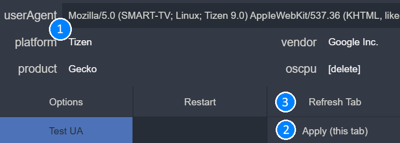 Screenshot showing a Chrome user-agent switcher setting a custom user-agent